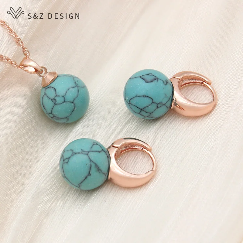 S&Z DESIGN New 585 Rose Gold Color Round Synthetic Turquoises Drop Earrings Jewelry Sets For Women Wedding Pendant Necklace