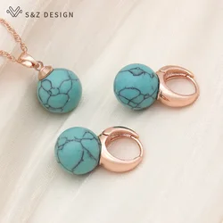 S&Z DESIGN New 585 Rose Gold Color Round Synthetic Turquoises Drop Earrings Jewelry Sets For Women Wedding Pendant Necklace