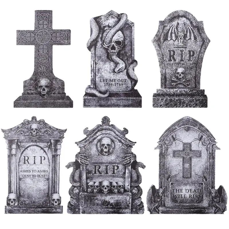 6Pcs Halloween Tombstone Decors Halloween Yard Signs Corrugated Rip Tombstones Signs Halloween Graveyard Decor Spooky Lawn Props