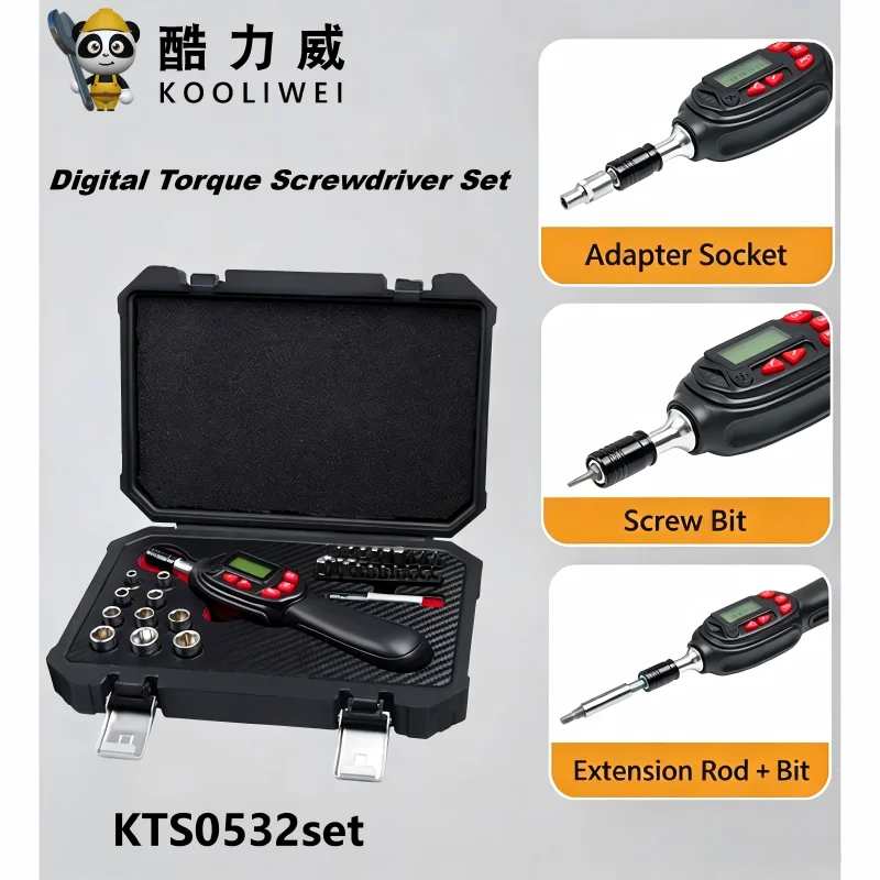 KOOLIWEI KTS0532set Digital Torque Screwdriver Set 1/4" Drive 0.4-8N.m ±2% 999Mem 32Pcs Anti-Overload Precision