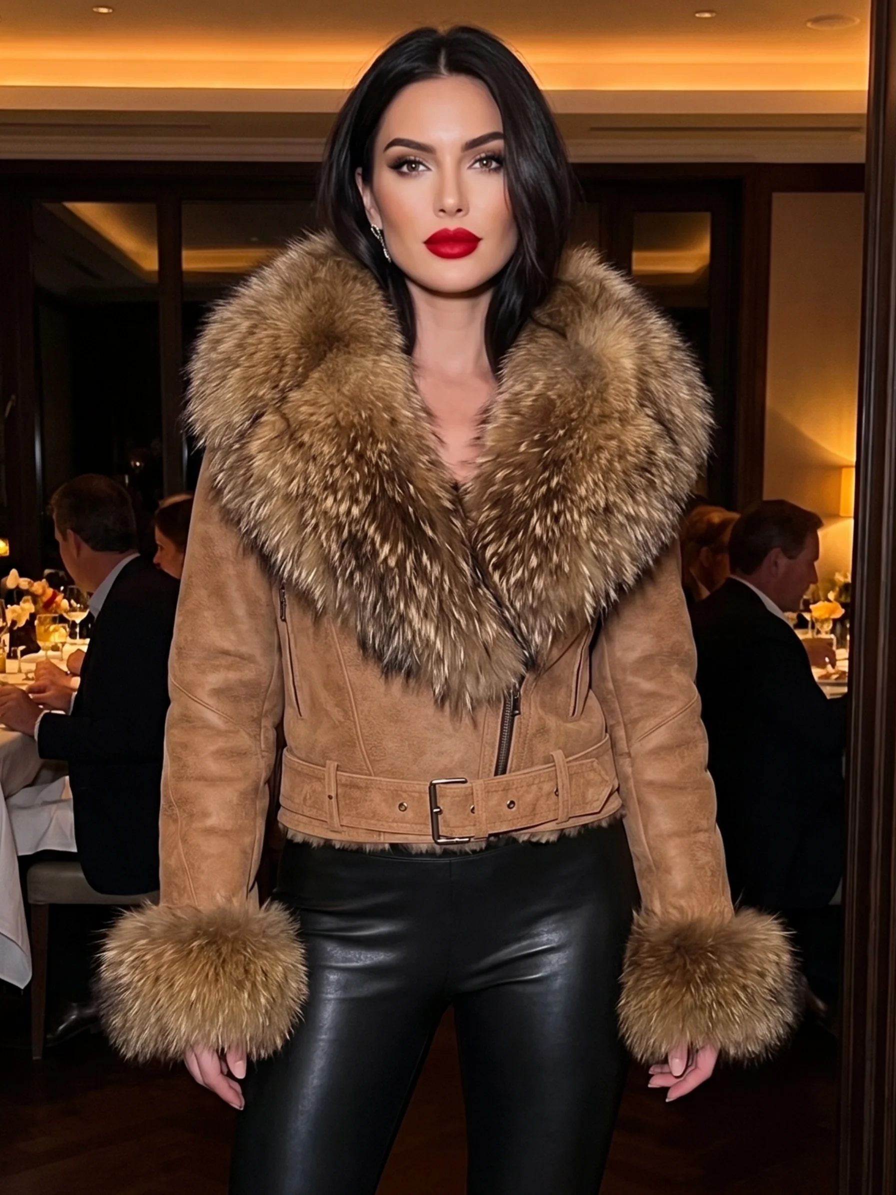 Women's Genuine Fur Coat Oversized Winter High-End Natural Rabbit Fur Lining Female Fluffy Fur Winter Fashion Chic Ultra Warm