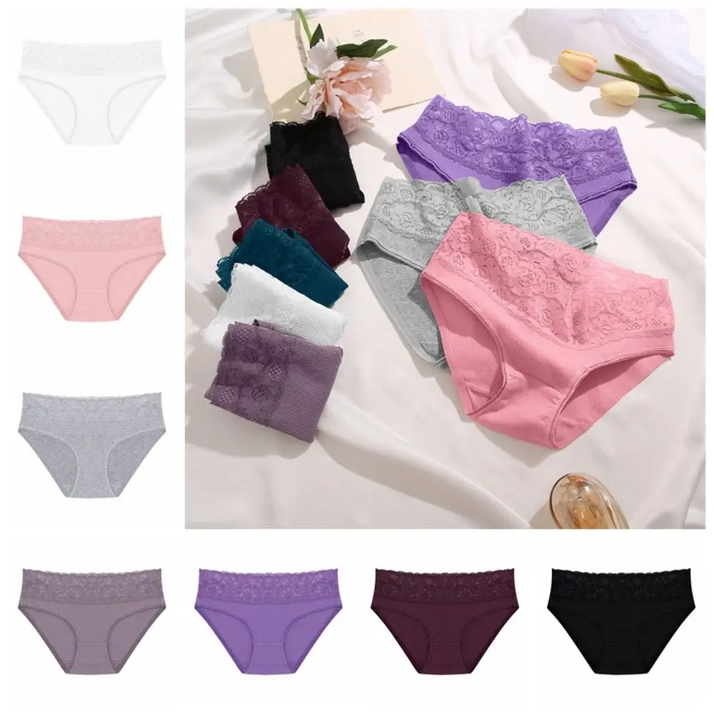 Elastic Mesh Lace Briefs Flower Solid Color Low-Waist Panties Cotton Crotch Lingerie Women's Cotton Briefs Gifts