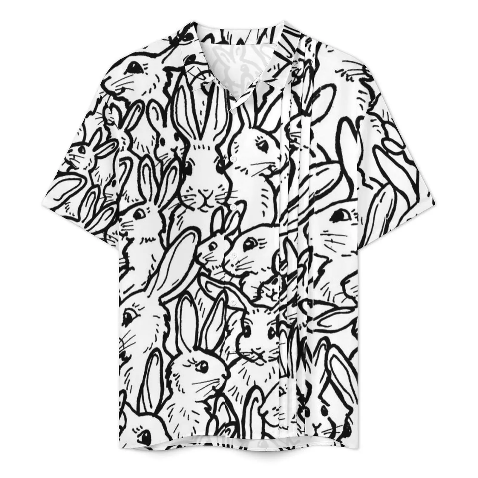 Hawaiian Shirt Beach Rabbit Bunny Blouses Black White Minimal Cool Casual Shirts Men Short-Sleeve Y2K Fashion Oversized Clothes