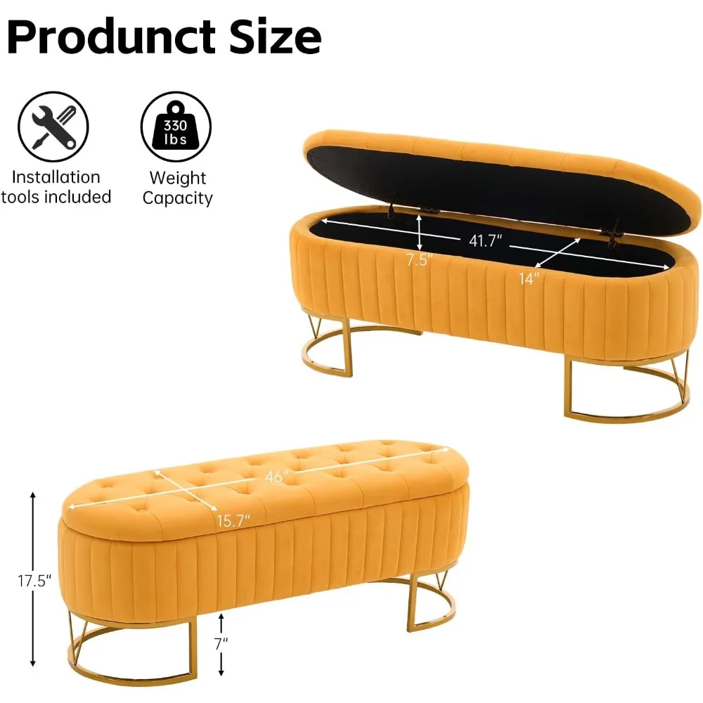 مقعد عثماني منجد معنقدة مقاس 46 بوصة - أرجل معدنية ذهبية وتخزين مخفي |   مسند قدم متعدد الوظائف لغرفة المعيشة وغرفة النوم