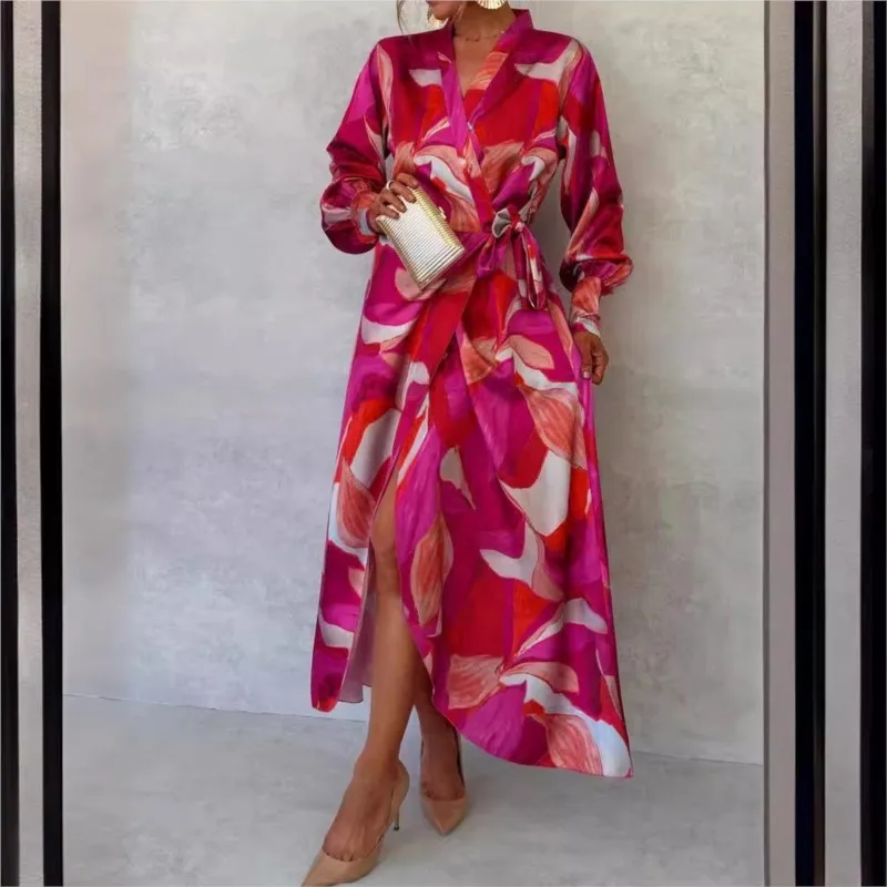 Pink Printed Women\'s Long Sleeved Dress Autumn New V-neck Cross Tie Lantern Sleeve Irregular Women\'s Long Dress 2024 Vestido