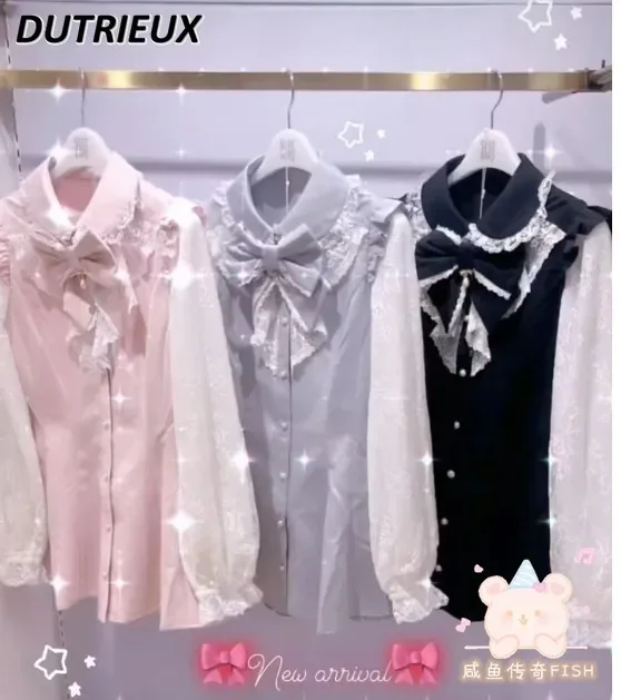 Imagem -04 - Conjunto Feminino de Duas Peças Estilo Lolita Renda em Laço Roupas Elegantes Camisa de Manga Longa Camisa Casual Terno Doce Primavera Outono Novo 2023