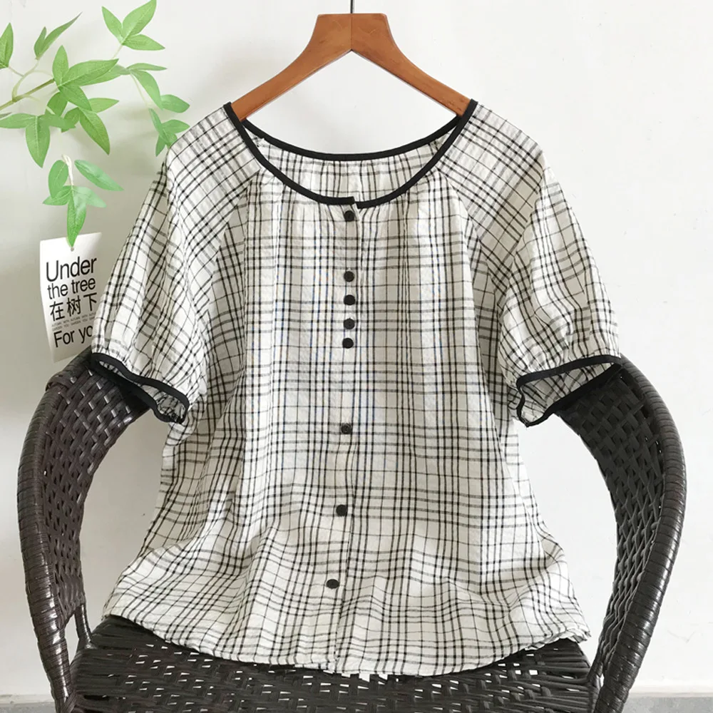 Japanese Mori Girl Vintage Plaid Single Breasted Shirts Women Summer O-Neck Short Sleeve Casual Loose Blouse Tops