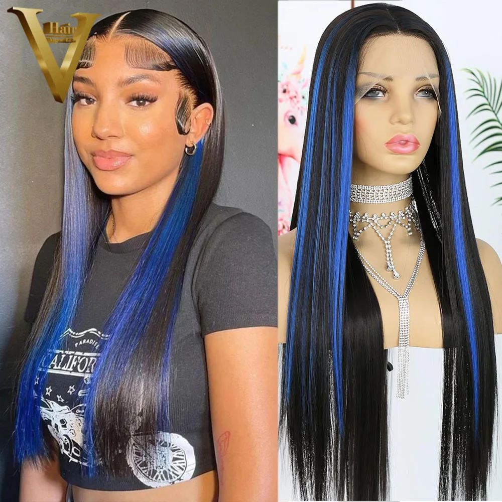 

Highlight Black With Blue Straight Wig Glueless Brazilian Virgin Human Hair Wigs Preplucked Hairline Transparent Lace Front Wig