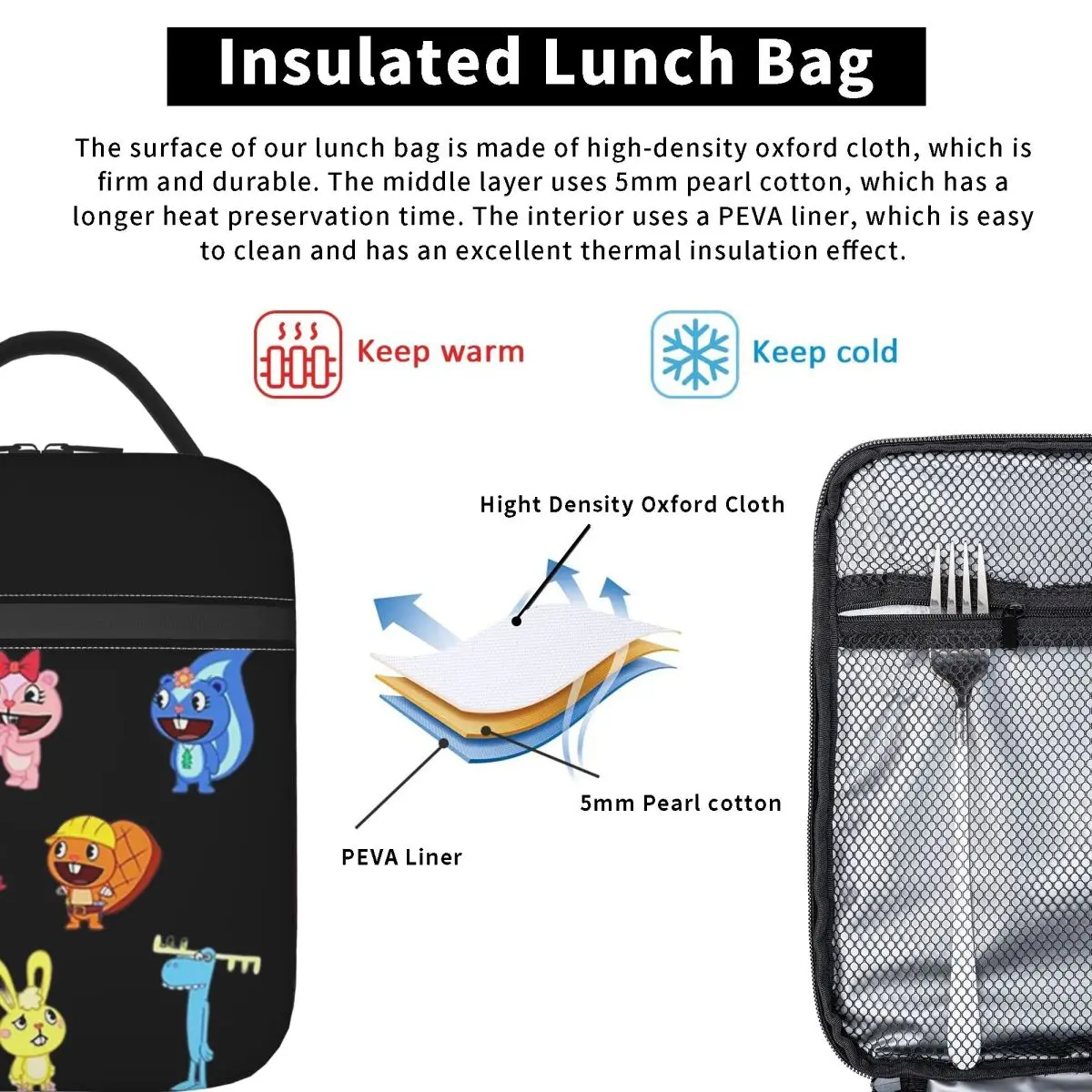 Happy Tree Friends Lumpy Flippy Cuddles Loving Family Insulated Lunch Bag for Women Children Food Boxes Thermal Lunch Box Tote