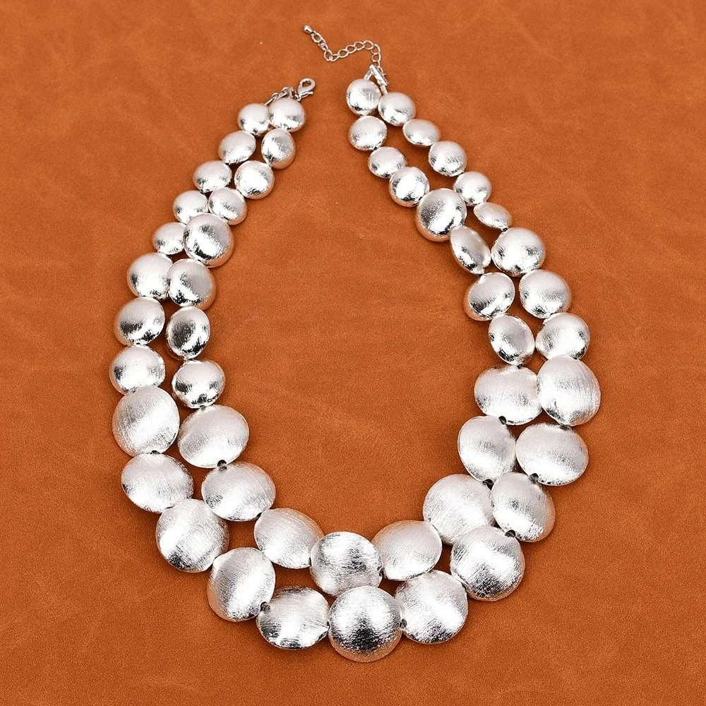 19-21'' 2 Rows Silver Color Plated Brushed Coin Beads Necklace Multi Strands Lady Necklace For Women