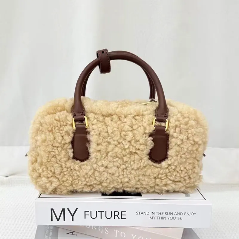 Furry Bowling Bag Winter Fashion Women Handbag Retro Design Mini Tote Handheld Purse Versatile Shoulder Crossbody Ladies