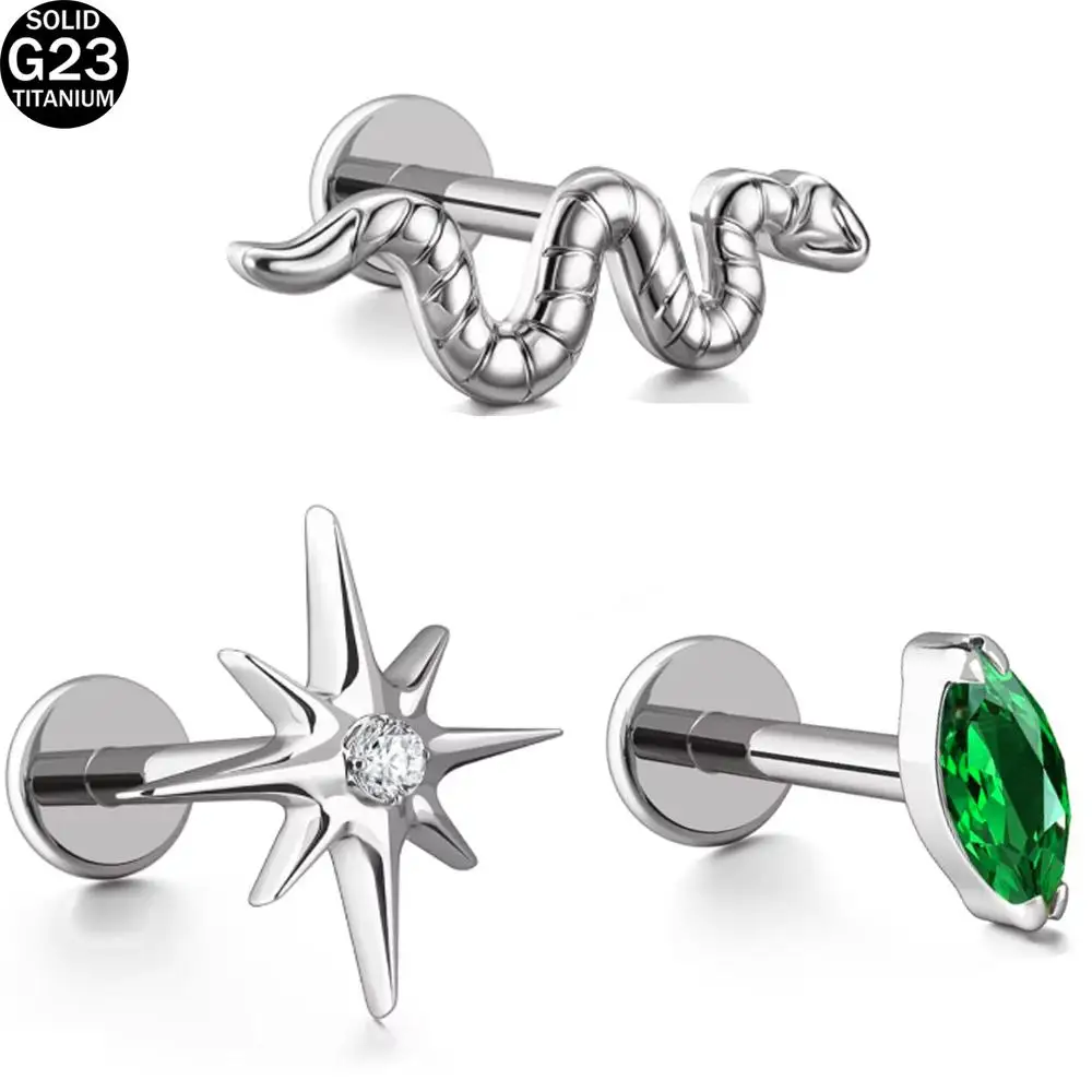 1PCS Silvery Green Zircon Ear Stud Earrings Flat Back G23 Titanium Internal Thread Starlight Cartilage Earrings Body Jewelry