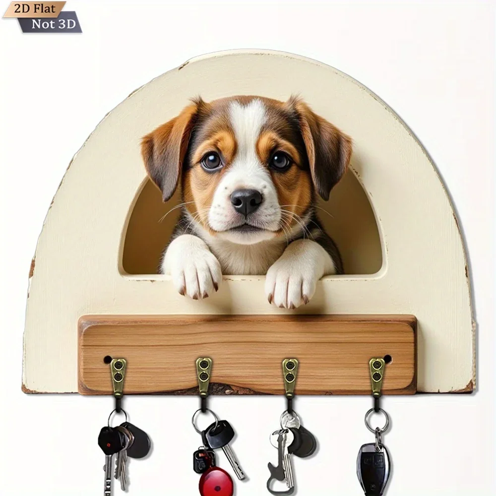 A 2D Wooden Key Hook in The Shape of a Puppy, Multifunctional for Home Use, Includes Four Metal Hooks, Suitable for Wall