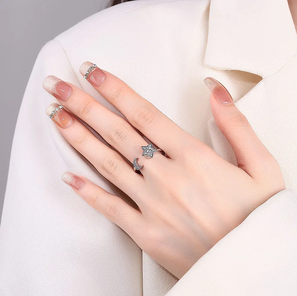 VENTFILLE 925 Sterling Silver Moon And Stars Zircon Rotatable Ring For Women Gift Diamond Relieve Stress Ring Jewelry Wholesale