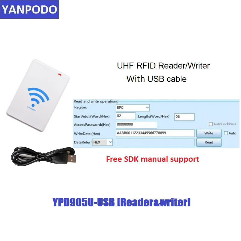 Yanpodo USB Integrated Desktop UHF RFID 860-960MHz Reader Writer Read Range 0-20cm with free java C++ C# SDK for tag EPC Cloner