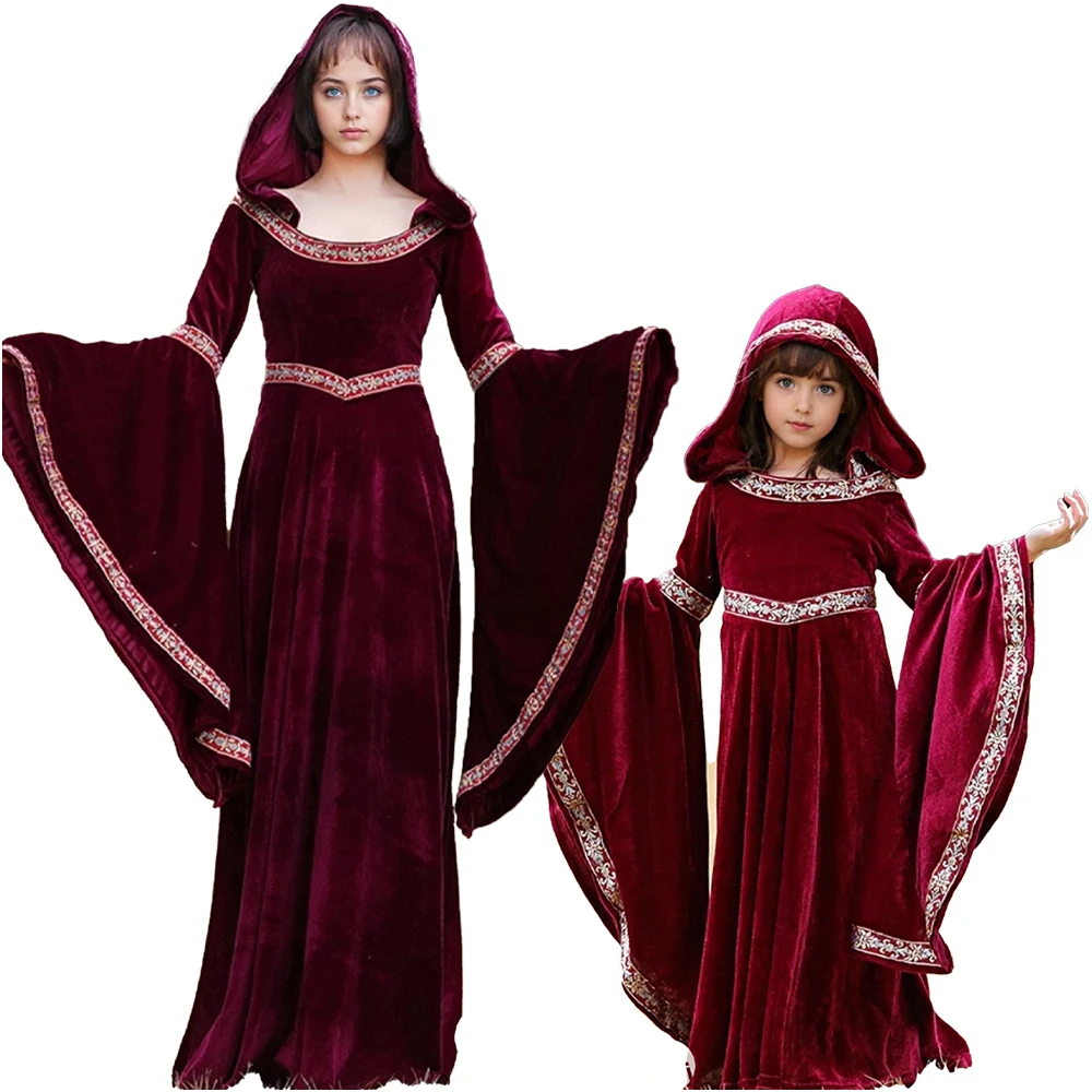

Witch Costumes Dress Medieval Vintage Victorian Clothes Red Flared Sleeve Hooded Vampire Dresses for Girls Women Halloween Gowns
