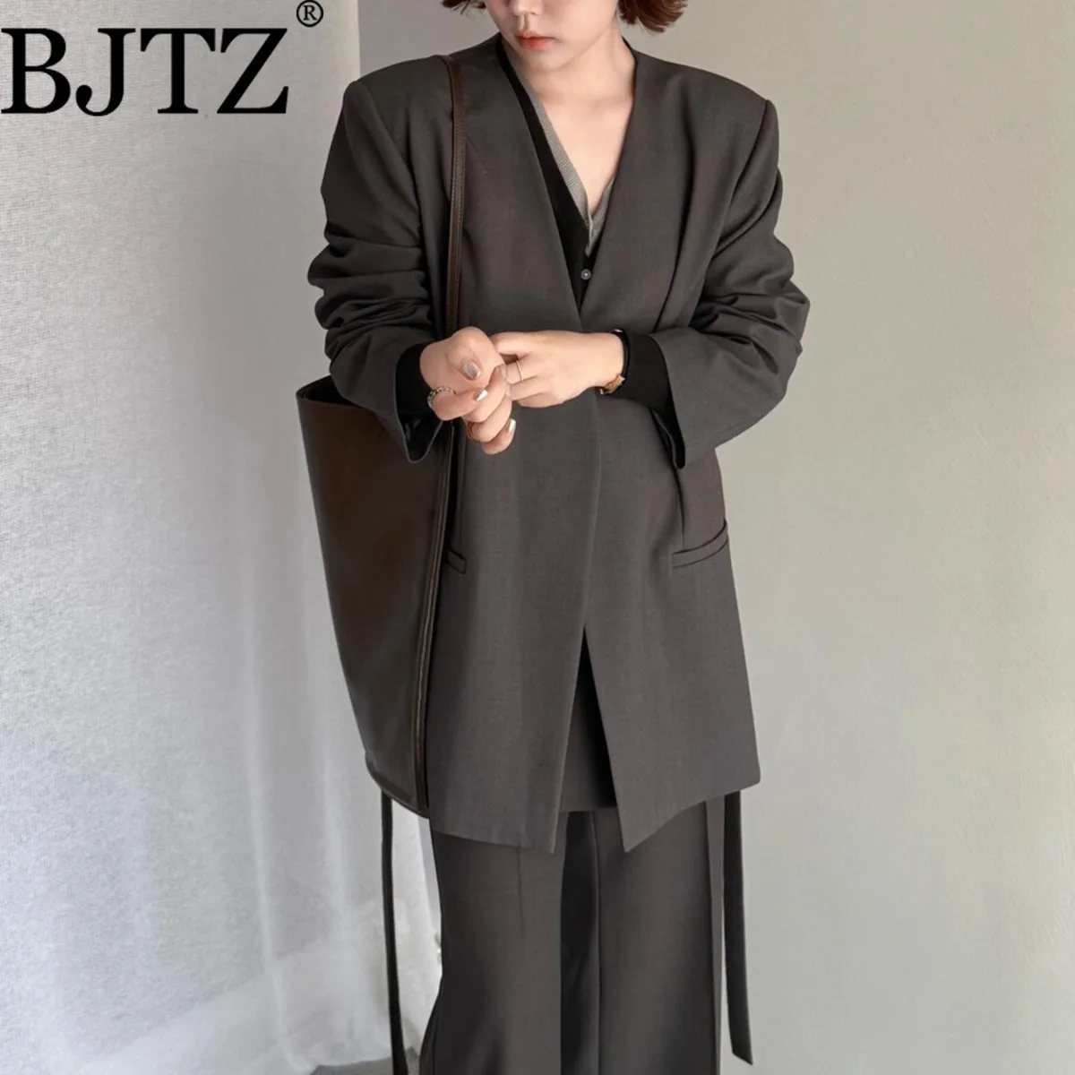 

BJTZ модный элегантный пиджак на шнуровке на талии для женщин, весна-осень 2022, новая свободная офисная женская верхняя одежда