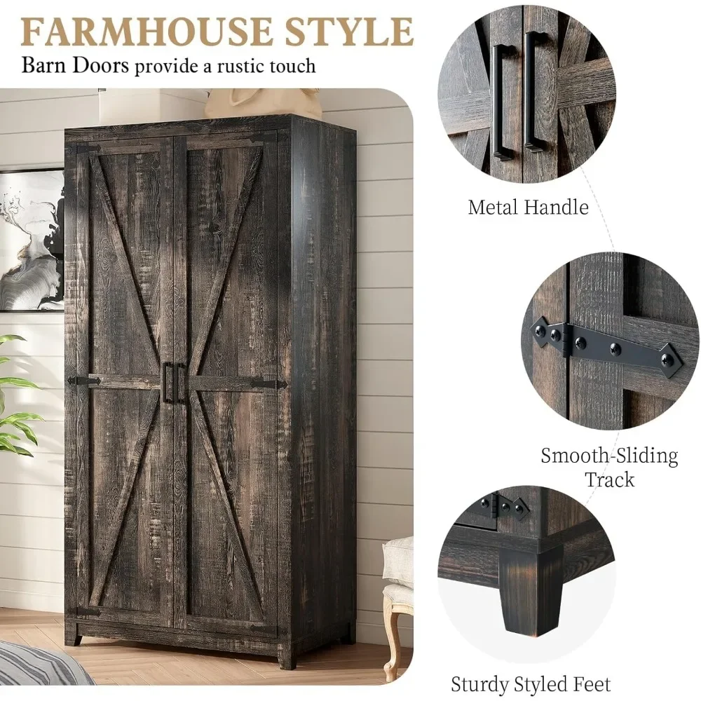 

70 Large Armoire Wardrobe Closet Set of 2 with Hanging Rod, Farmhouse Clothing Storage Cabinet with 4 Barn Doors
