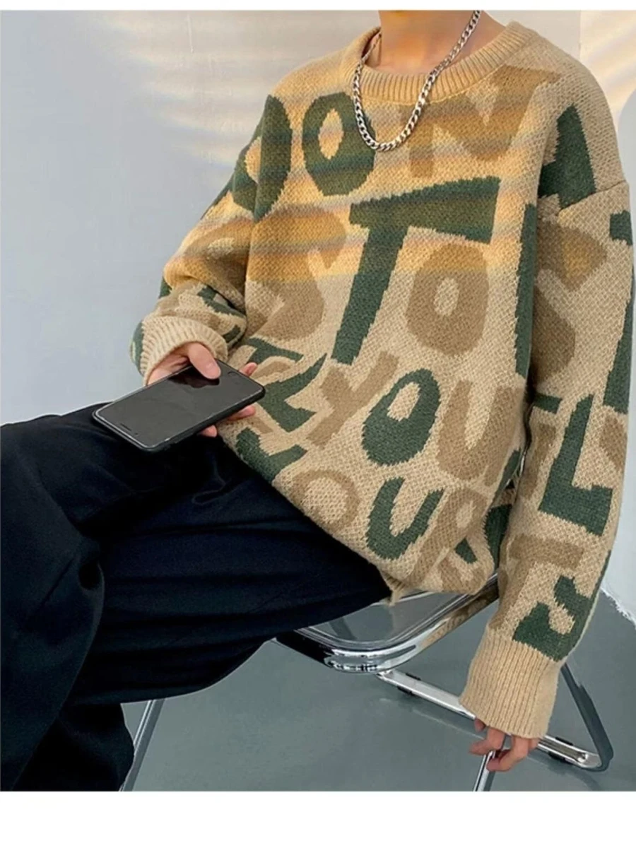 

Модный брендовый мужской вязаный свитер Long Sve, осень-зима, повседневный теплый пуловер с пушистым буквенным узором, полиэфирное волокно