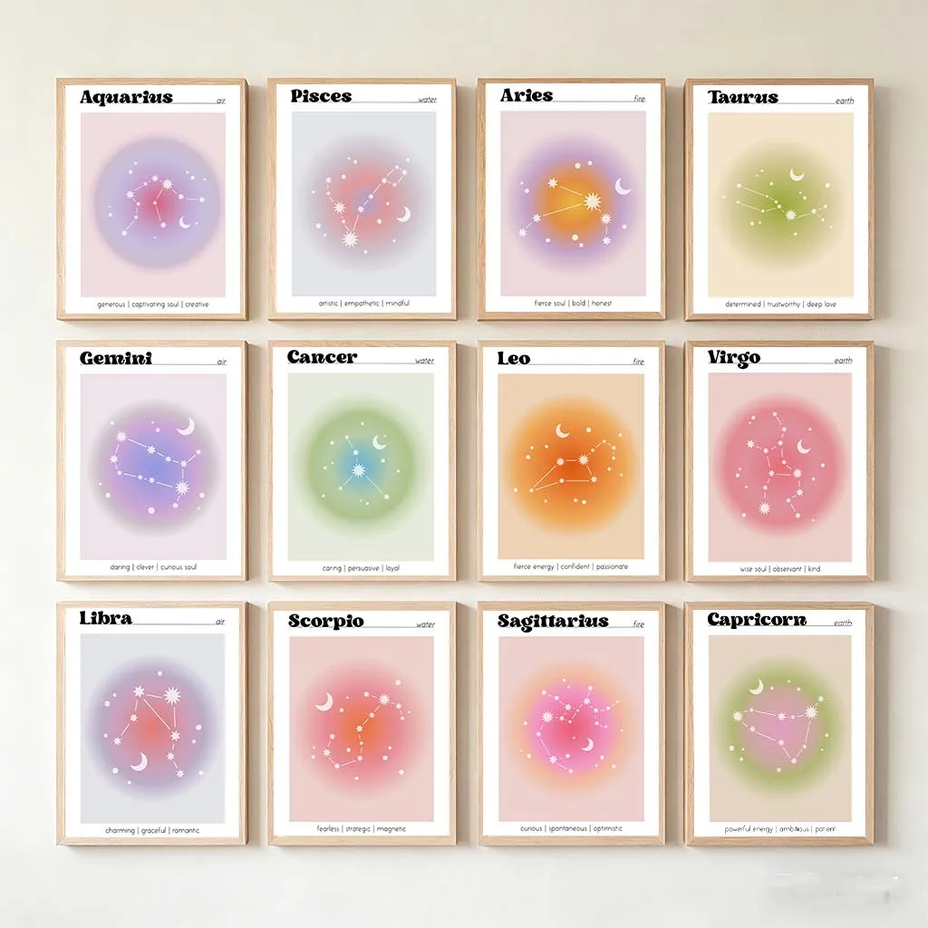 

12 Zodiac Constellation Wall Art Aura Gradient Astrology Canvas Painting Poster for Bedroom Living Room Office Decor