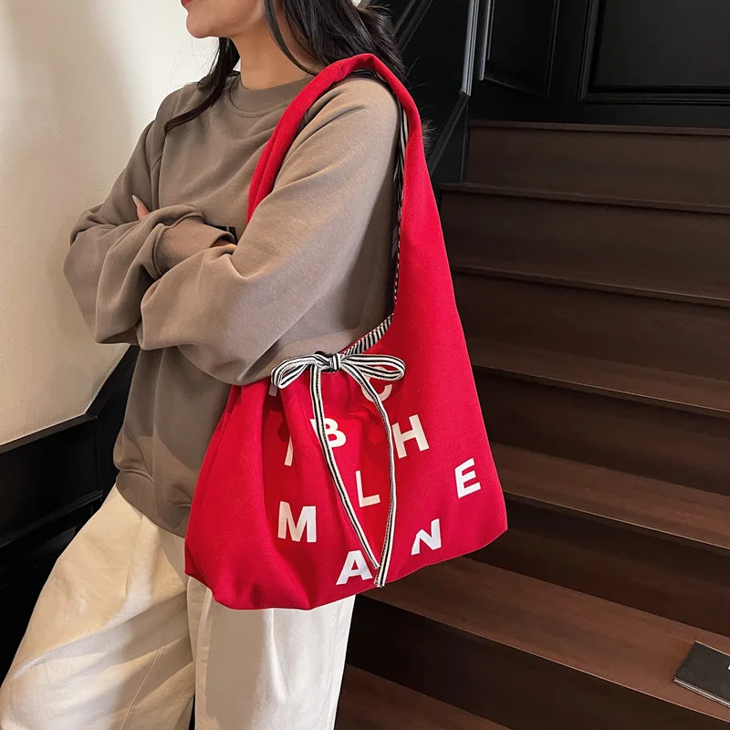 

2025 New Large Capacity Canvas Tote Bag for Women Two Tone Striped Shoulder Bag Lazy Style Boho Letter Print Backpack