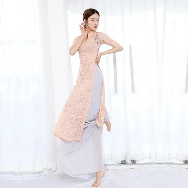 

Oriental Bellydance Dress Chinese Classical Dance Women Lace Robe Shirt Dress And Gray Wide Leg Pants Dancing Cheongsam Shirt