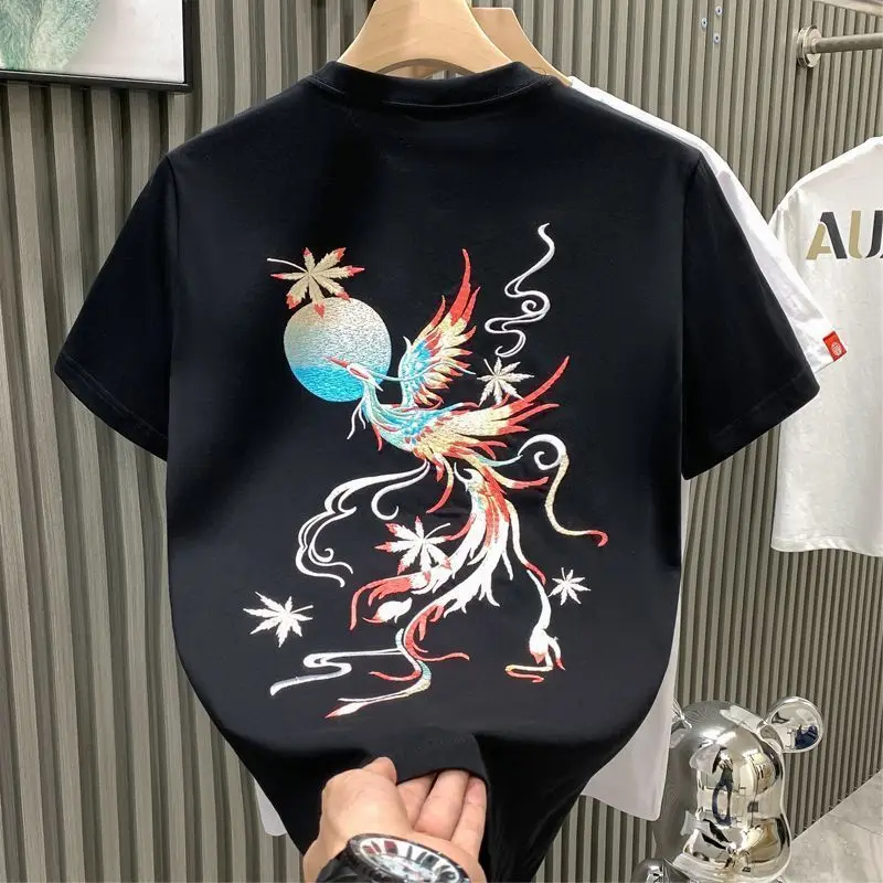 Men's Chinese Guochao Phoenix Embroidery Short Sleeve T-Shirt 2026 Summer Loose Fit Crew Neck Versatile Top​