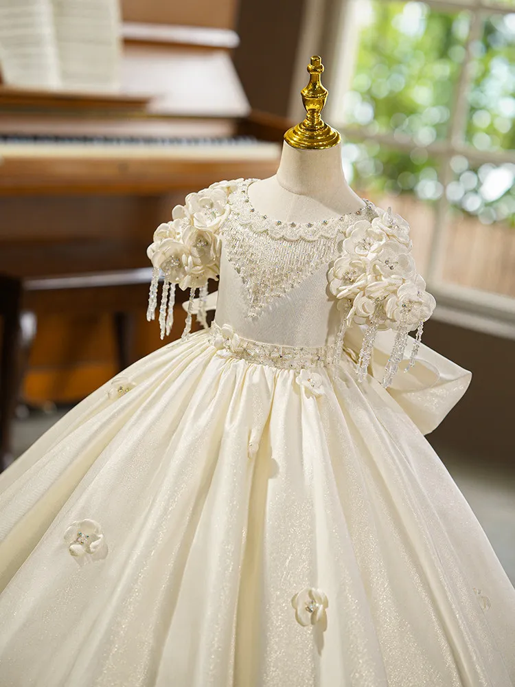 

Custom Ivory Flower Girl Dress for Wedding First Christmas Party with 3D Floral Appliques Beaded Sleeves and Satin Ball Gown