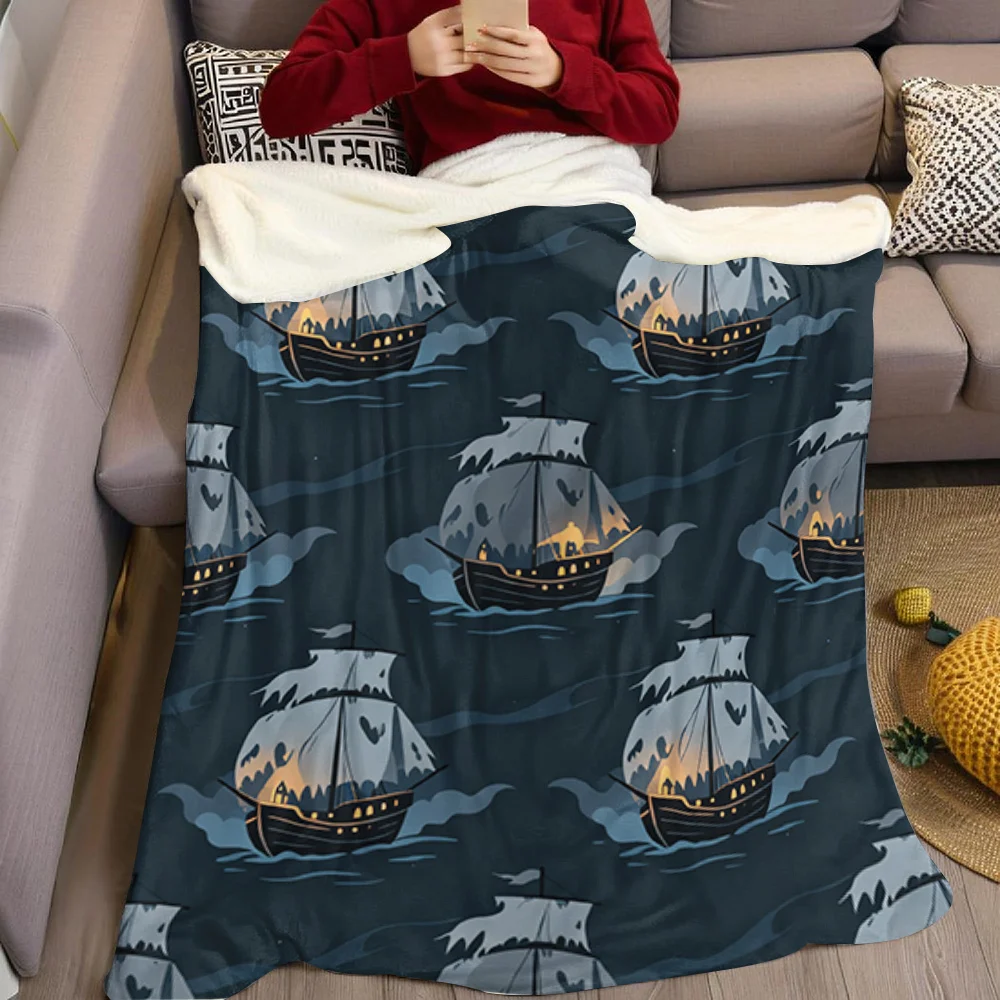 Cute Ghost Pirate Ships Flannel Blanket Warm Soft Halloween Christmas All-Season Couch Decorative Cozy Warm Gift