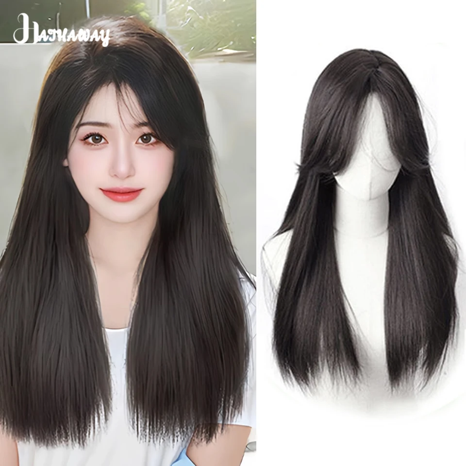 Synthetic Wig Female Long Hair Full Head First Love Divided Into Eight Bangs Black Long Straight Fluffy Natural Age Reducing Wig