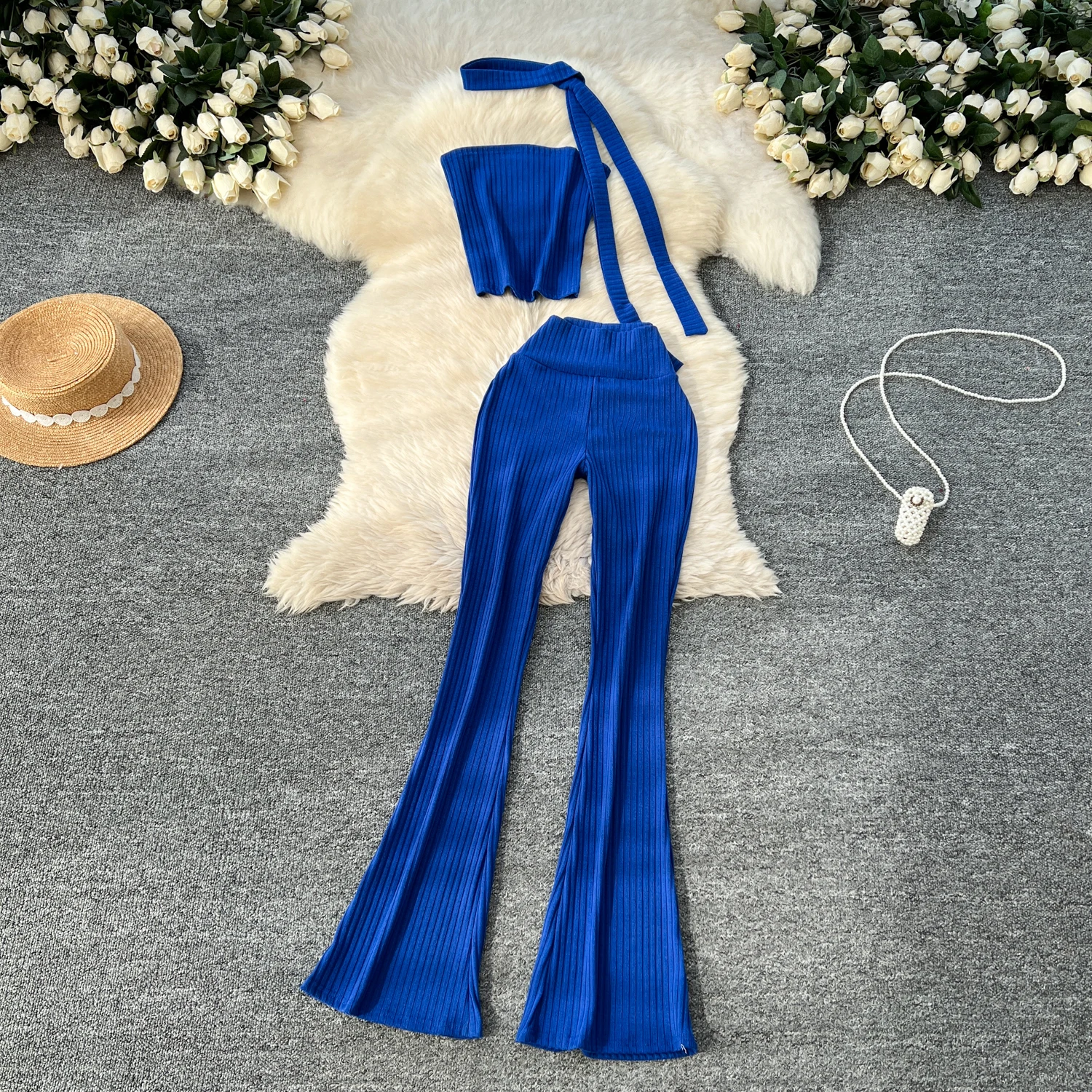 

Elegant Strapless Ribbons Unique Sleeveless Slimming strapless Top High Waist Trumpet Pants Sports High Street Two Piece Set