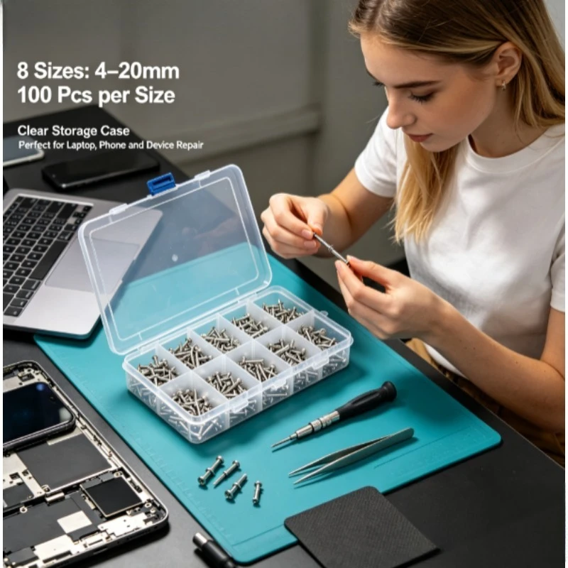 800Pcs 8‑Sizes M2 Nickel‑Plated Carbon Steel Flat Head Wood Screws, Phillips Countersunk Self‑Tapping Screws Assortment Kit