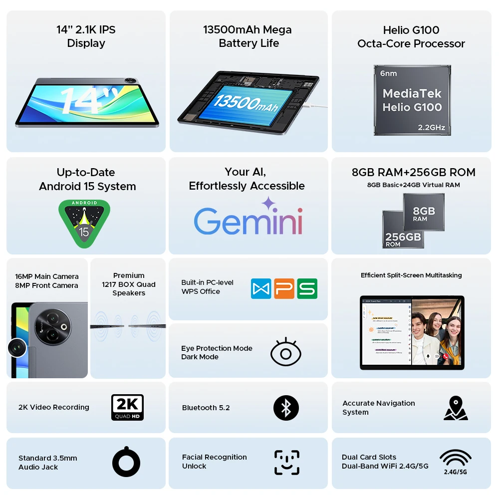 DOOGEE Tab E3 Max الكمبيوتر اللوحي Android 15 Gemini AI Quad مكبرات الصوت 14 بوصة 2.1K عرض 32 جيجابايت (8 + 24) ذاكرة الوصول العشوائي 256 جيجابايت ROM 13500 مللي أمبير بطارية