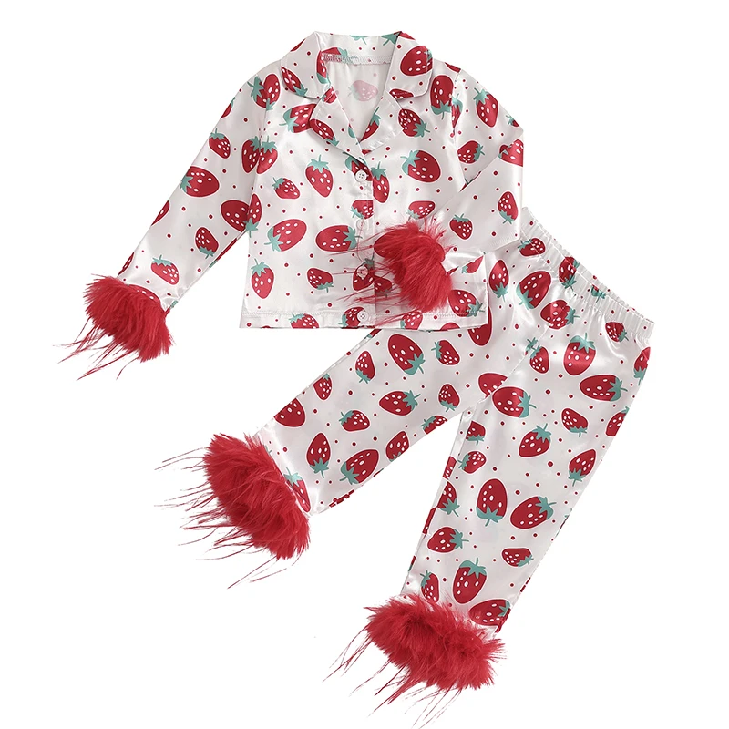 

Kids Girls Pajamas Set Strawberry Print Feather Trim Long Sleeve Shirts Tops Long Pants 2 Pieces Lounge Suit Sleepwear