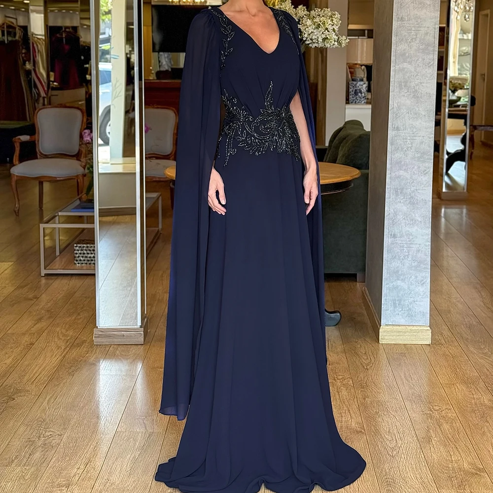 فستان سهرة شيفون أزرق كحلي مخصص برقبة على شكل حرف v بدون أكمام سويب تراين مطرز على شكل حرف a فستان الحفلات بطول الأرض فستان حفلات