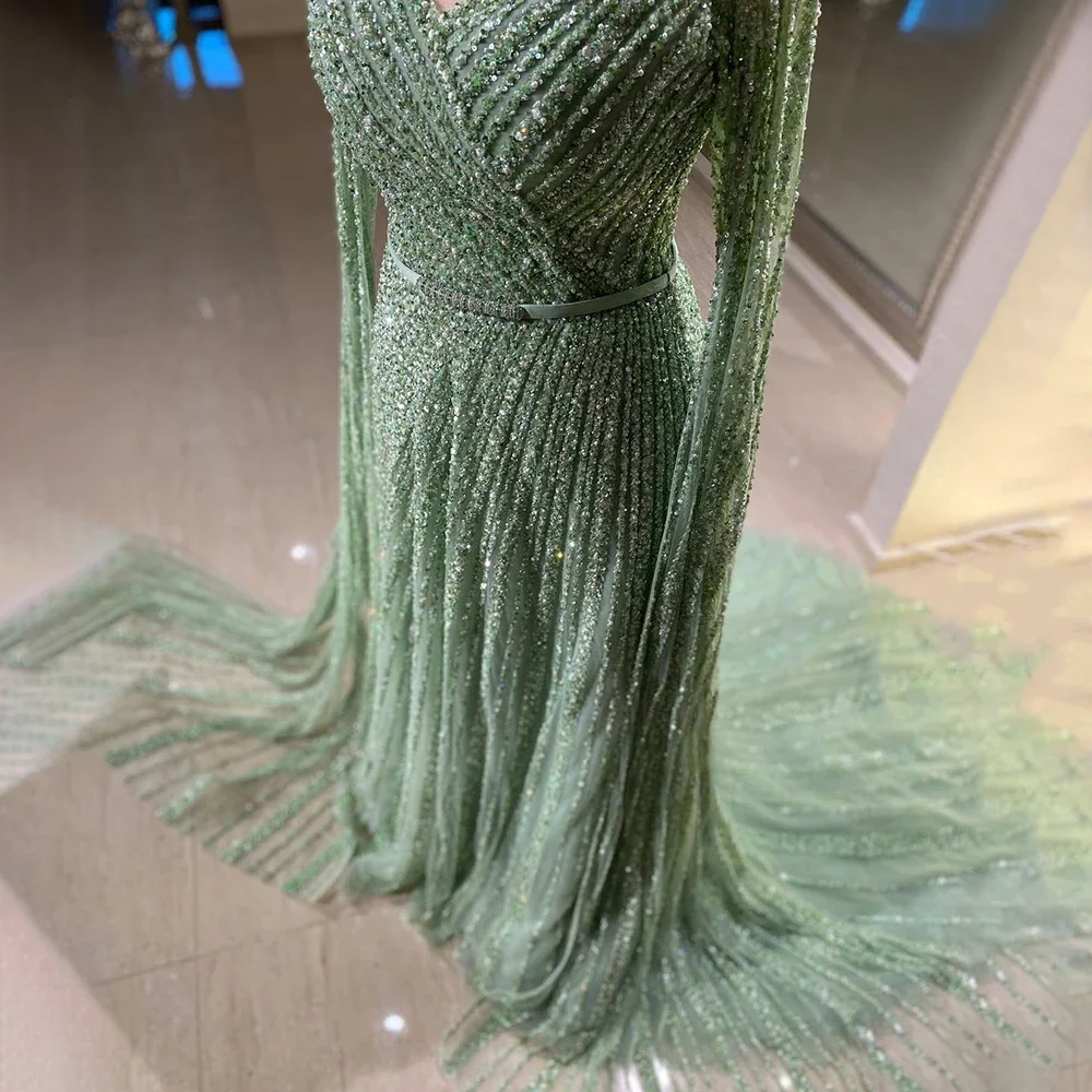 Vendita calda Mint Cape Sleeves A Line Beaded Luxury Dubai abiti da sera Long 2023 Celebrity Gowns For Woman Party LA71865