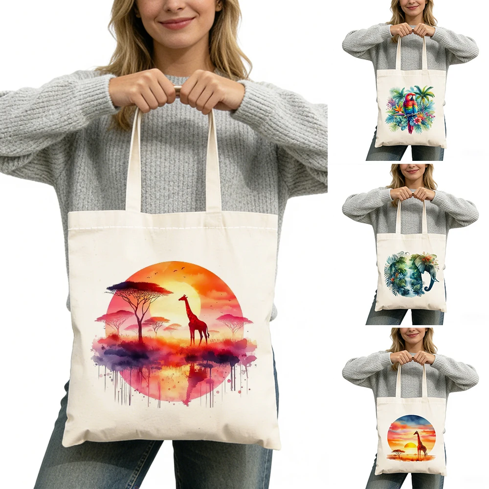 

Wildlife Watercolor Lady Shopping Tote Bag Nature Fusion Women Daily Use Satchel Fantasy Animal Pattern Girl Shopper Bags 40x45