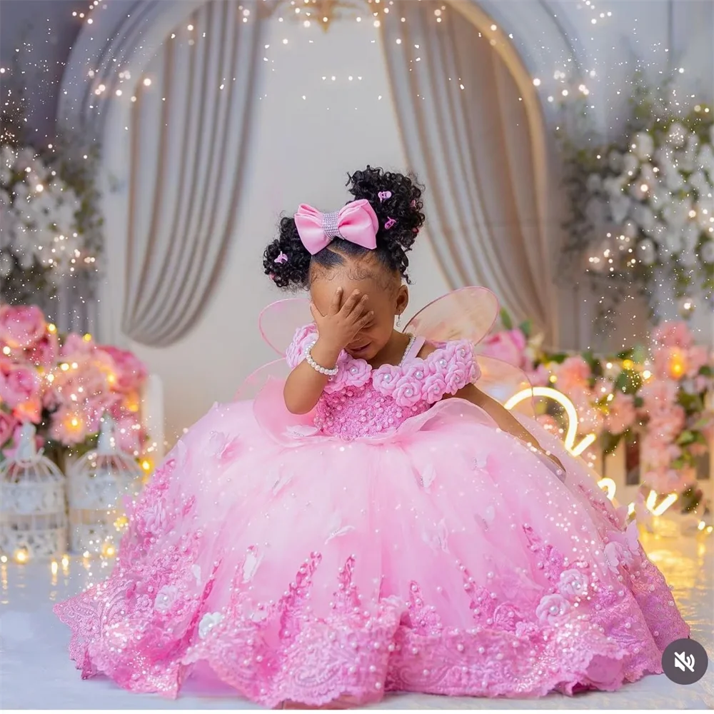 Pink Flower Girl Dresses Luxury Big Pearls Lace Ball Gown First Communion Dress Birthday Photos