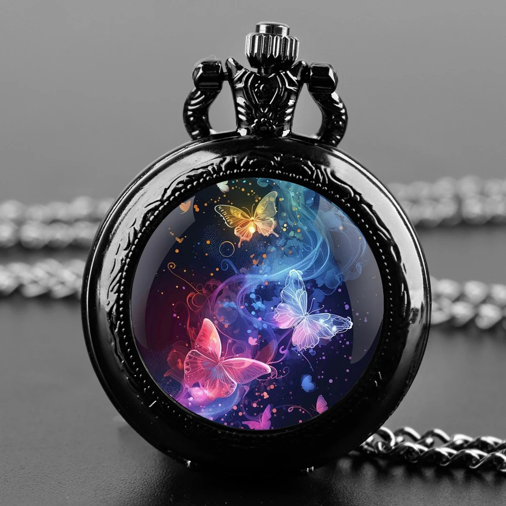 

Colorful Butterfly Design Glass Dome Vintage Arabic Numerals Quartz Pocket Watch Necklace Pendant Clock Chain Mens Women Gift