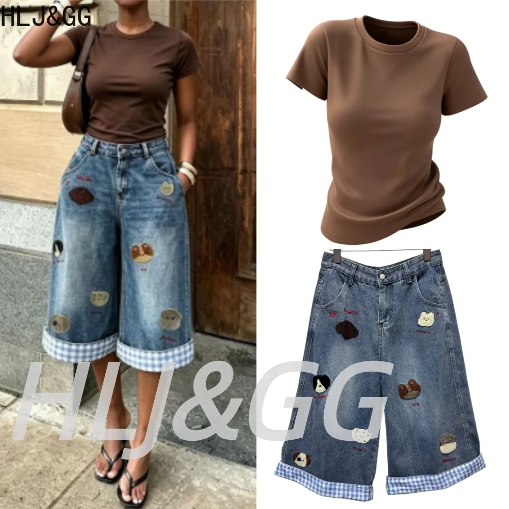

HLJ&GG Fashion Trend Retro Denim Embroidery Splicing Shorts Two Piece Sets Women Cotton Slim Tshirt And Jeans Outfits Streetwear
