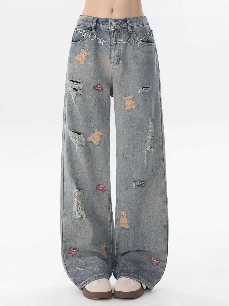 

Women's Blue Grinding Ripped Bear Embroidered Jeans High Street 2000s American Wide-Leg Denim Pants High Waist Straight Jeans