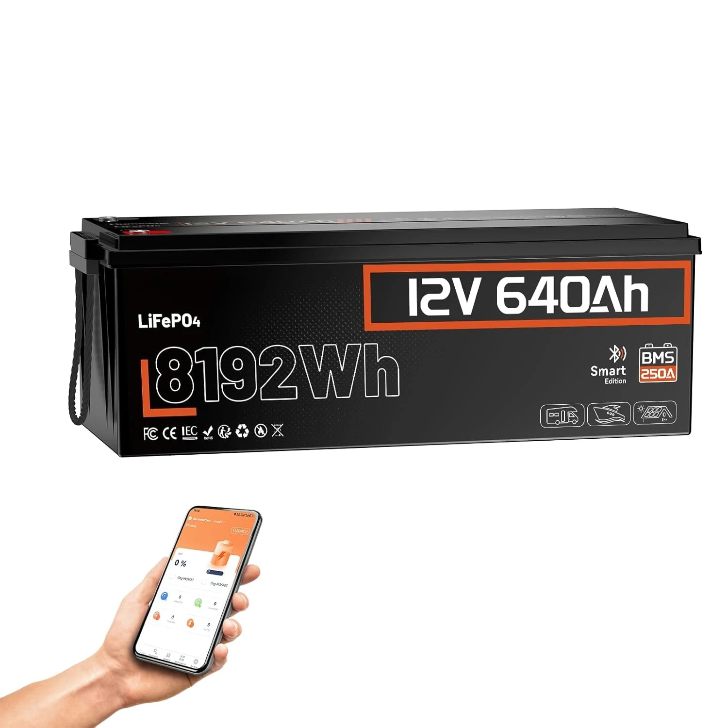 

12V 640Ah LiFePO4 Battery Bluetooth 250A BMS 15000 Cycles IP65 Low Temp 8192Wh Off-Grid Solar Home Backup, Custom