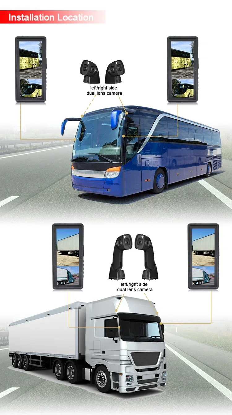 

2025/12.3'' Full HD Monitor Side View Mirror Replacement Waterproof Rear Camera System Dual Lens Camera Up Down View for Bus Cam