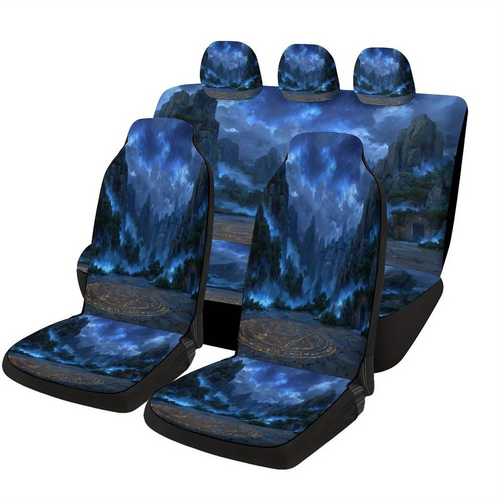 Mystic Castle Night Designed Car Seat Cover Set For Most Cars, Trendy Advanced High-quality Car Seat Protector Covers Full Set,