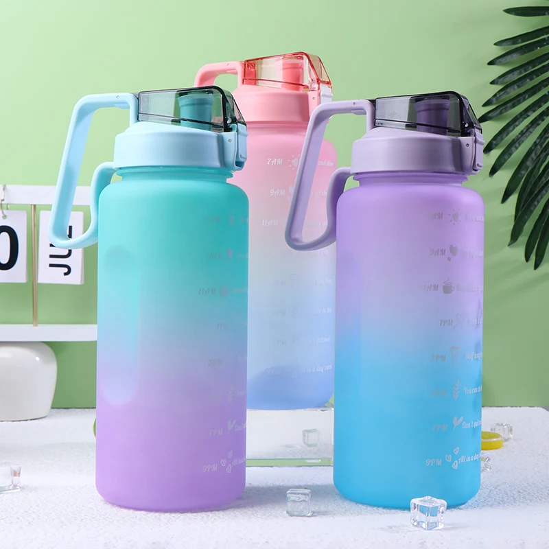 2L Large Capacity Water Bottle Straw Cup Gradient Color Plastic Water Cups With Time Marker Outdoor Fitness Sports Bottle