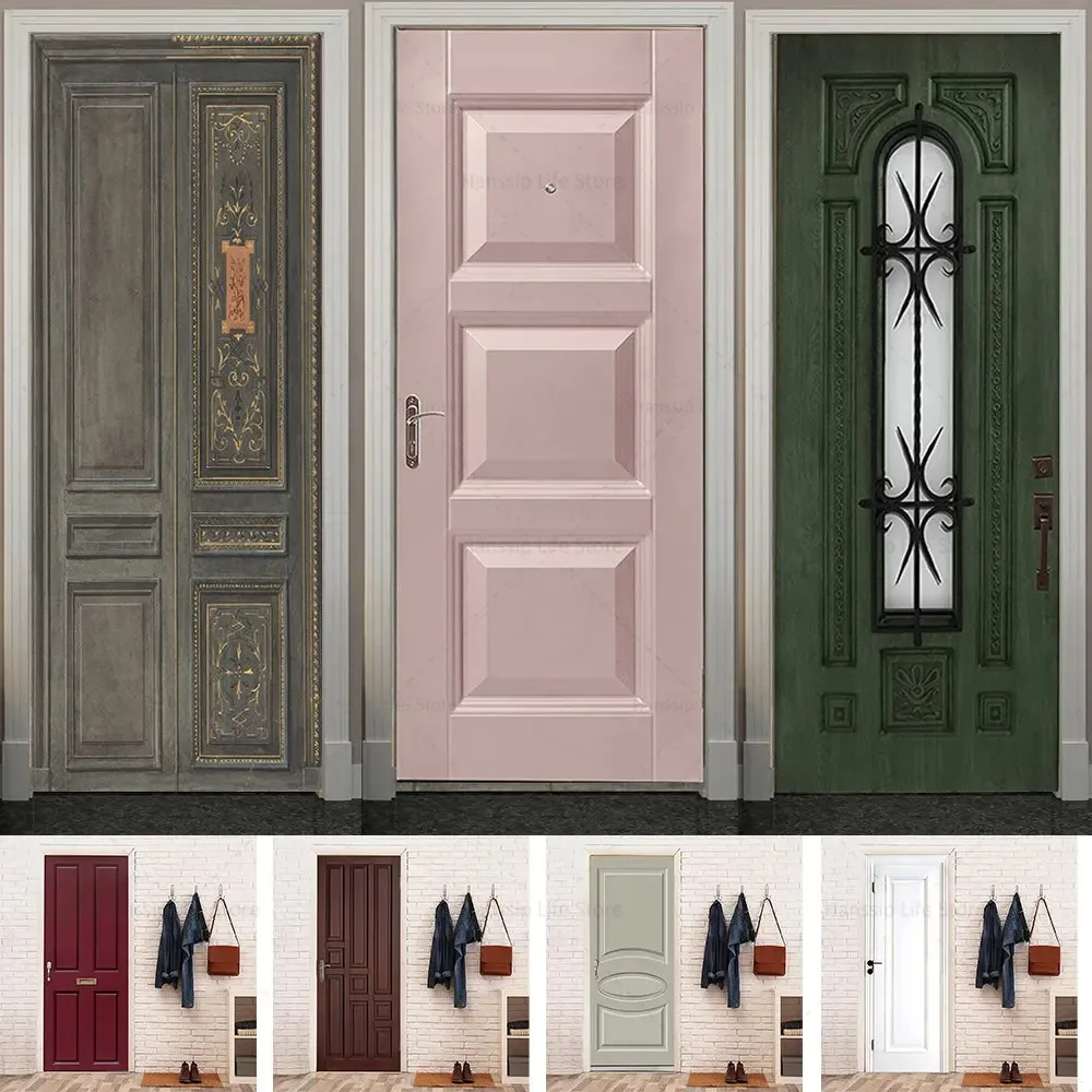 

3D Vintage Luxury Door Sticker Morandi Solid Color Floral Carved Iron Glass Pattern Removable Self Adhesive Wallpaper Home Decor
