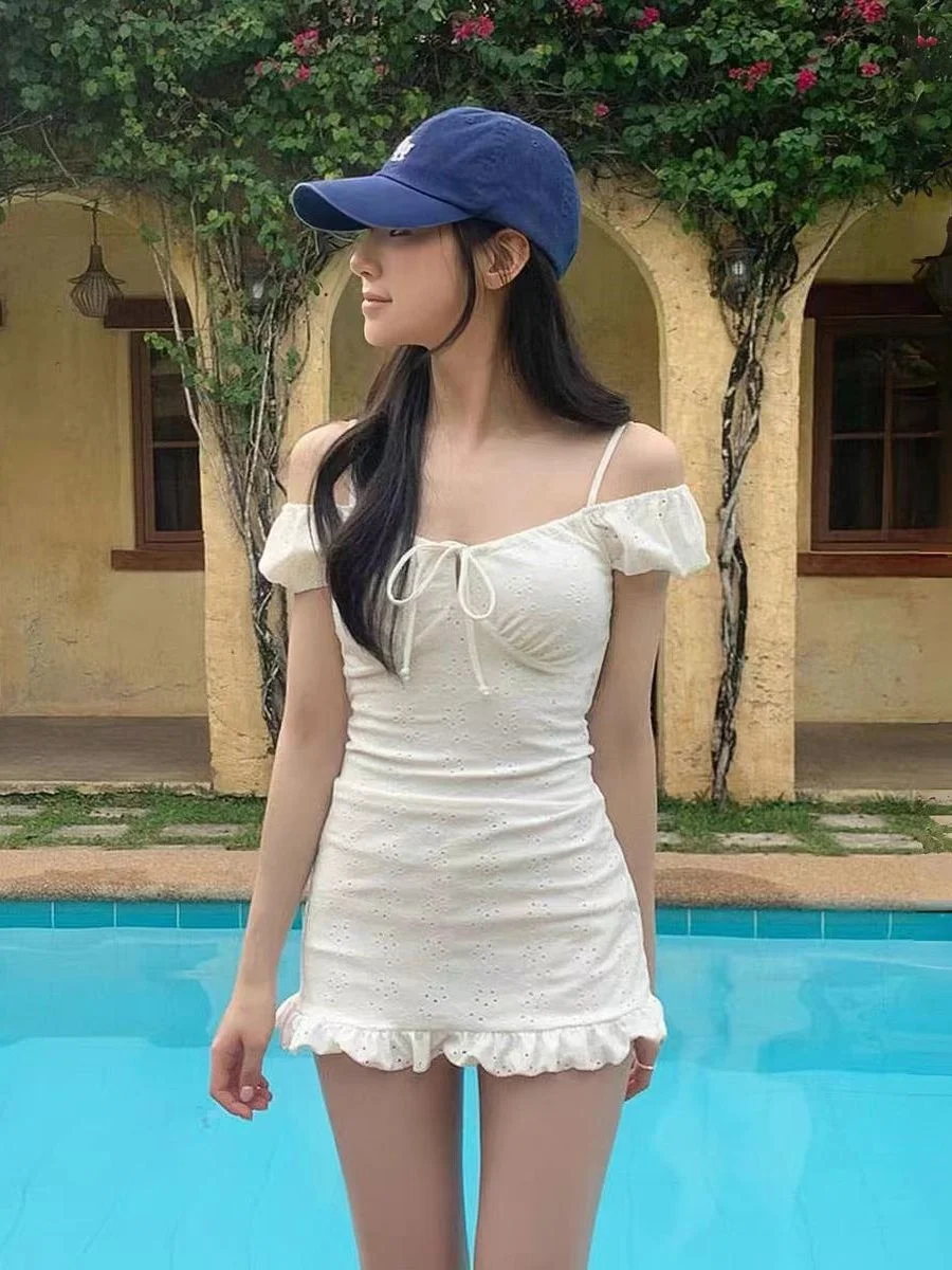 Korean Style Girl Ins Conservative Skirt Style  Swimsuit Women's White Small Chest Vacation Hot Spring Bathing Meat ...