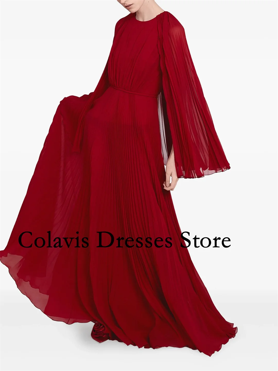 

2025 Индивидуальные шифоновые красные платья для выпускного вечера с круглым вырезом и расклешенными рукавами, вечернее платье, женские вечерние платья, вечернее платье