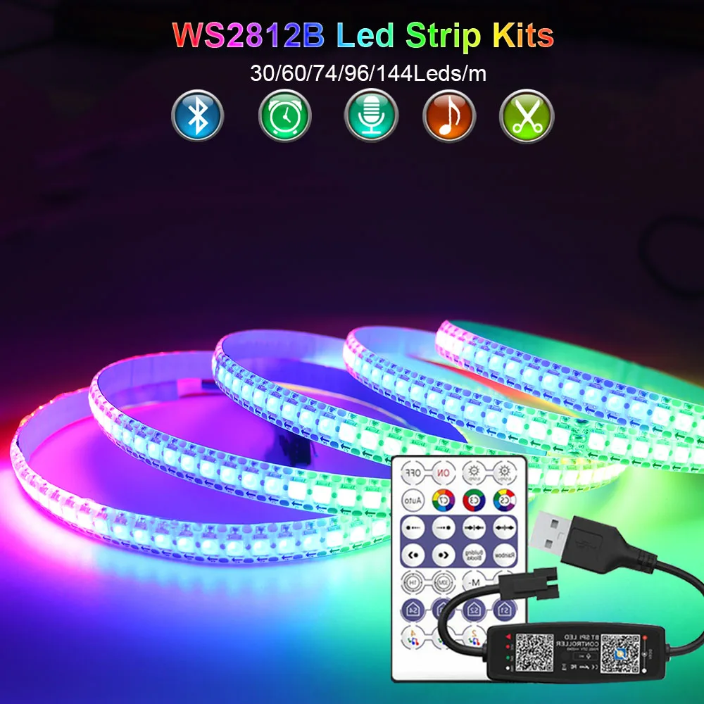 WS2812B شريط ليد مع موسيقى بلوتوث ، مجموعة تحكم USB ، قابلة للعنونة بشكل فردي ، شريط RGB LED ، 30 ، 60 ، 74 ، 96 ، LED ، m ، DC 5V