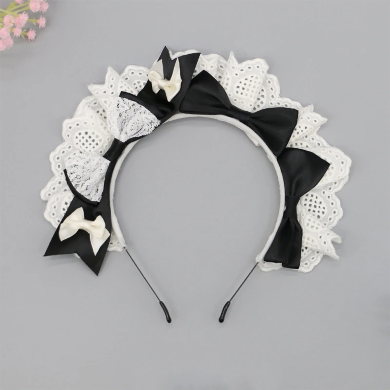 Handmade Hair Accessory Headband Gothic Lolita Cosplay Maid Lace Hair Trim Hair Hoop Cute Bowknots Decor for Women Girls